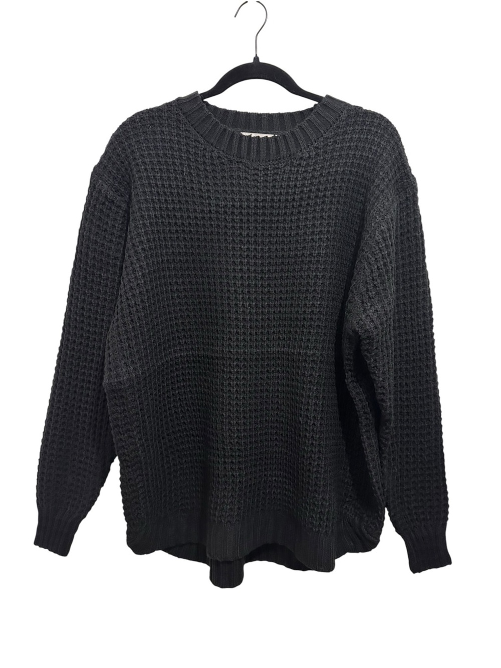 Zenana Outfitters Black Waffle Knit Crew Neck Sweater